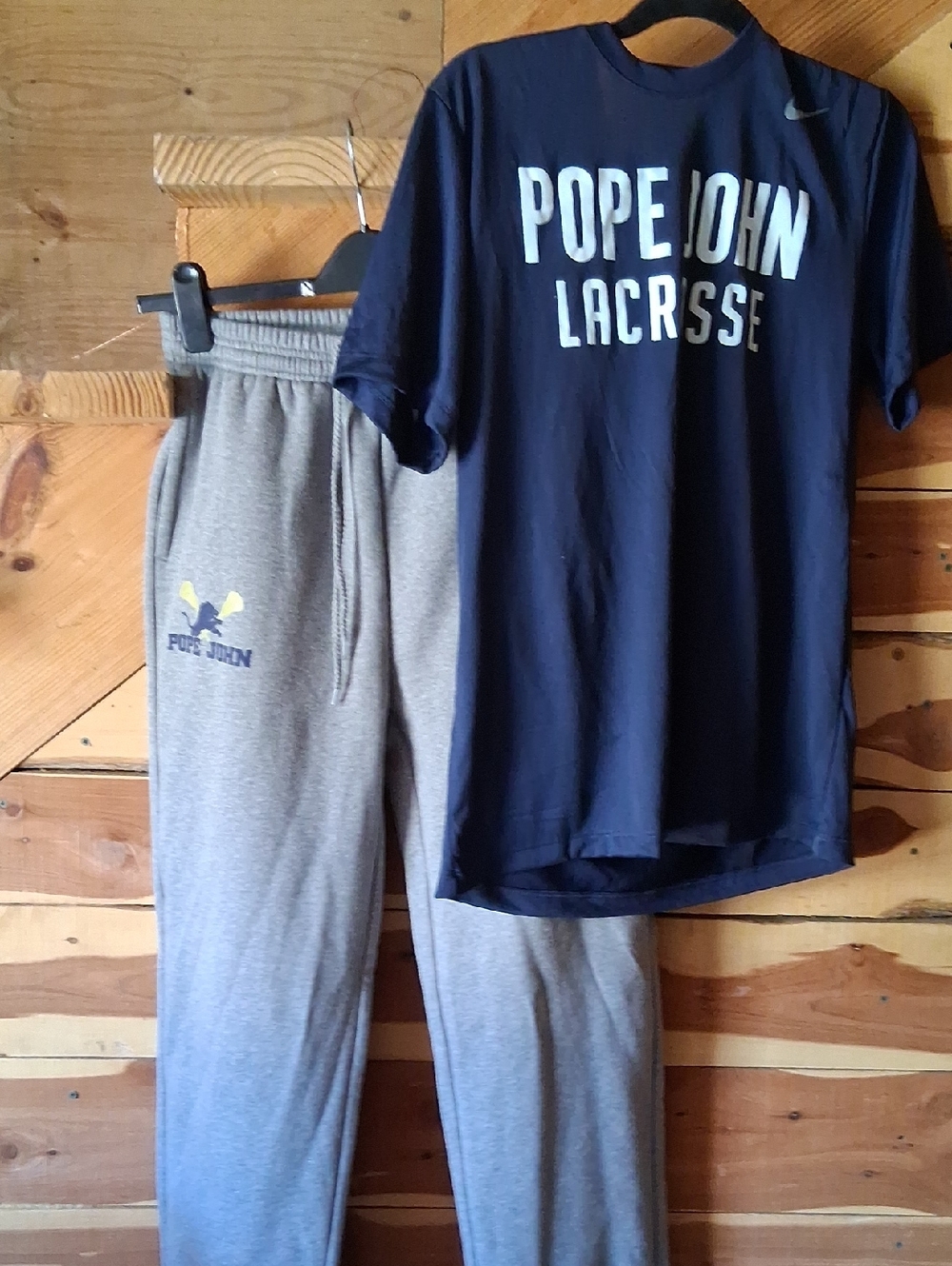 Mens Pope John Lacrosse Navy Graphic Tee with Gray Sweatpants